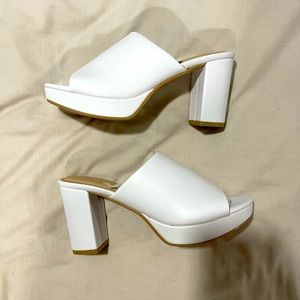 White Slip on Sandals with Chunky Heel